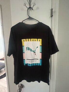 Puma Black Tee with Yellow, Teal, Pink & White Graphic